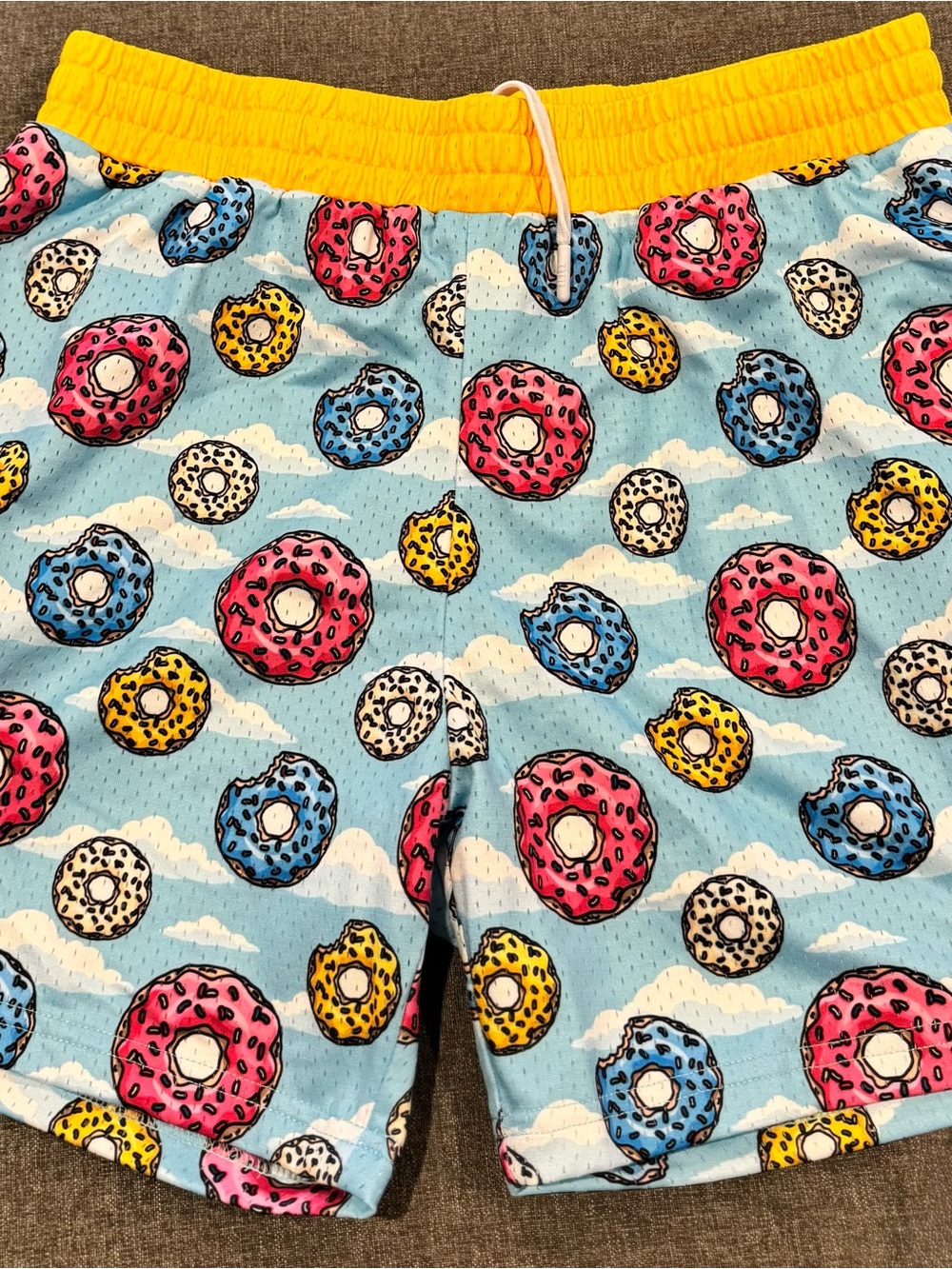 Men's Athletic Donut-Print Shorts with Yellow Waistband